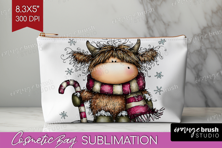Highland Cow Cosmetic Bag - Whimsical Christmas Makeup Bag