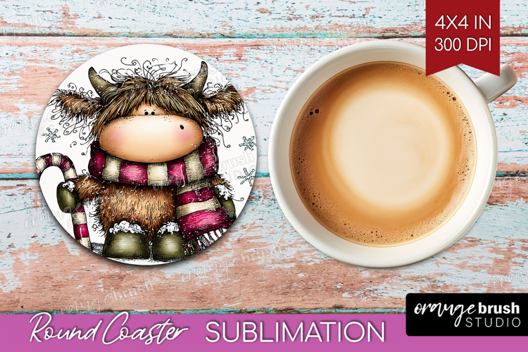 Highland Cow Round Coaster - Whimsical Christmas Coaster PNG