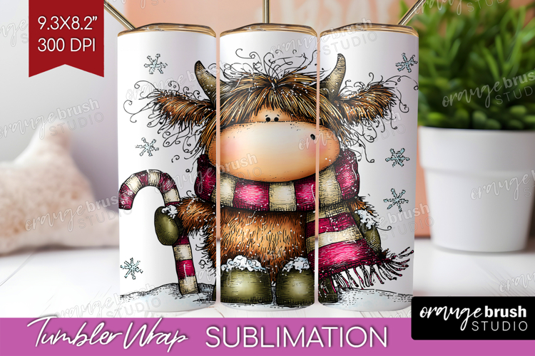 Highland Cow Tumbler Wrap - Whimsical Christmas Tumbler PNG