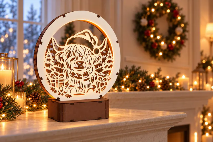 Christmas Highland Cow LED Lamp SVG - 3 mm Laser Cut