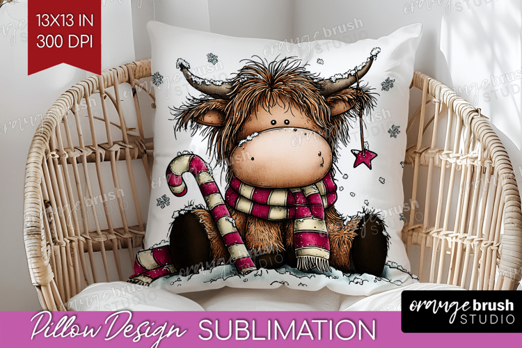 Highland Cow Pillow Sublimation - Whimsical Christmas Pillow