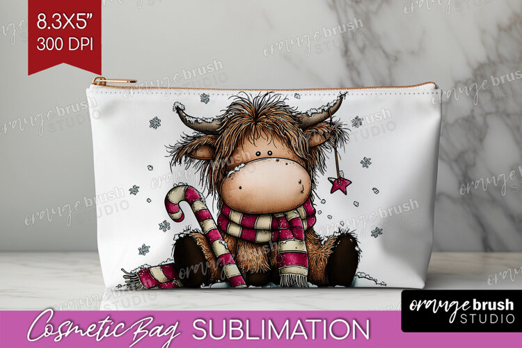 Highland Cow Cosmetic Bag - Whimsical Christmas Makeup Bag example image 1