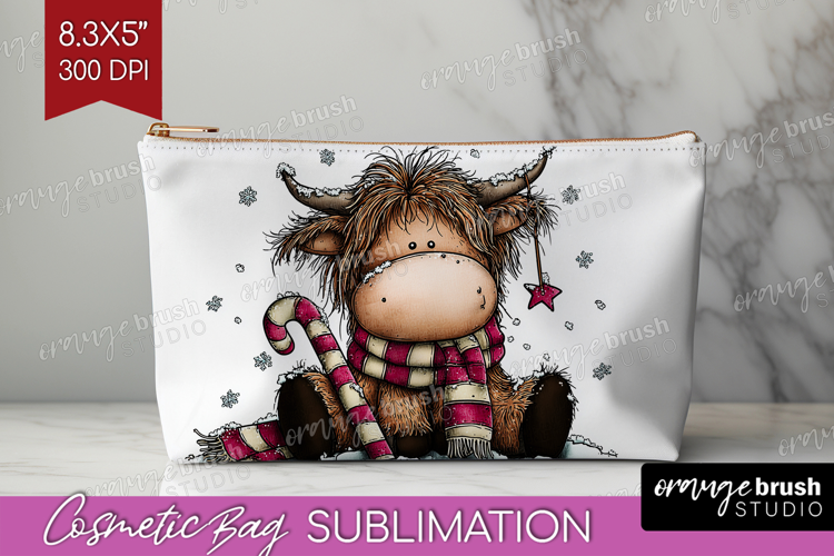 Highland Cow Cosmetic Bag - Whimsical Christmas Makeup Bag