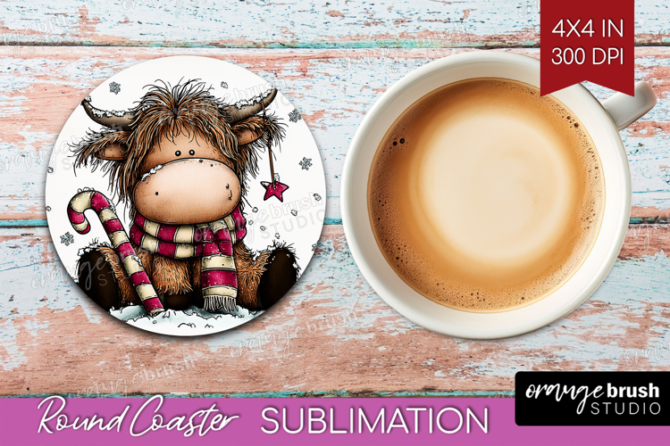 Highland Cow Round Coaster - Whimsical Christmas Coaster PNG