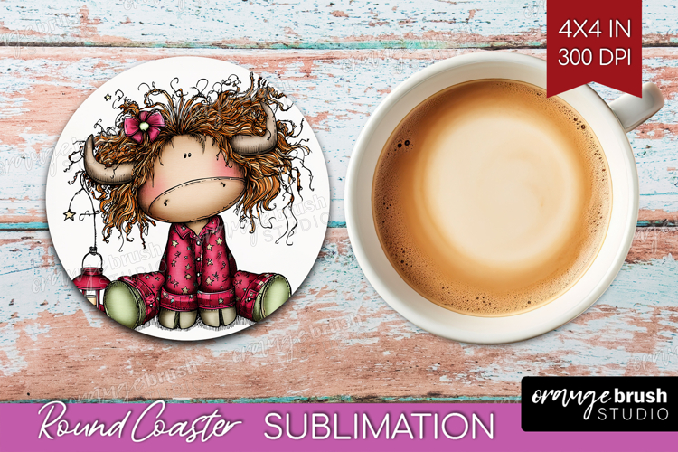 Highland Cow Round Coaster - Whimsical Christmas Coaster PNG