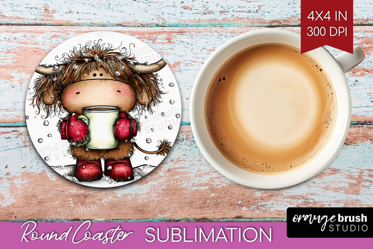 Highland Cow Round Coaster - Whimsical Christmas Coaster PNG