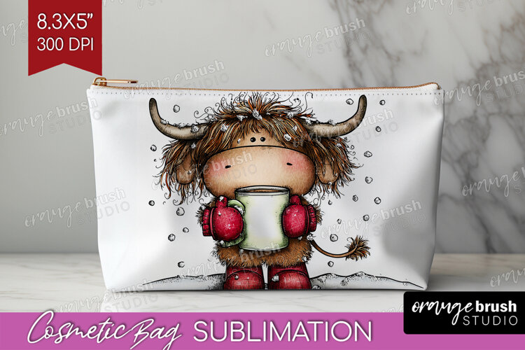 Highland Cow Cosmetic Bag - Whimsical Christmas Makeup Bag example image 1