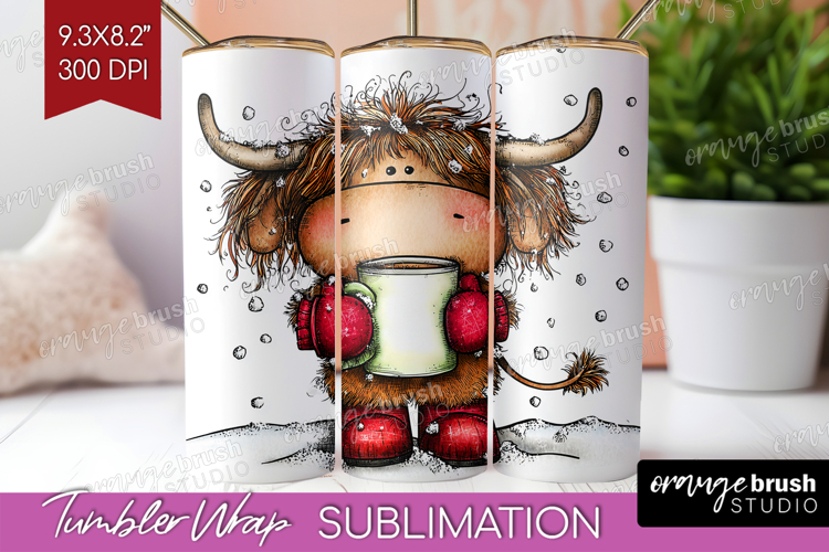 Highland Cow Tumbler Wrap - Whimsical Christmas Tumbler PNG