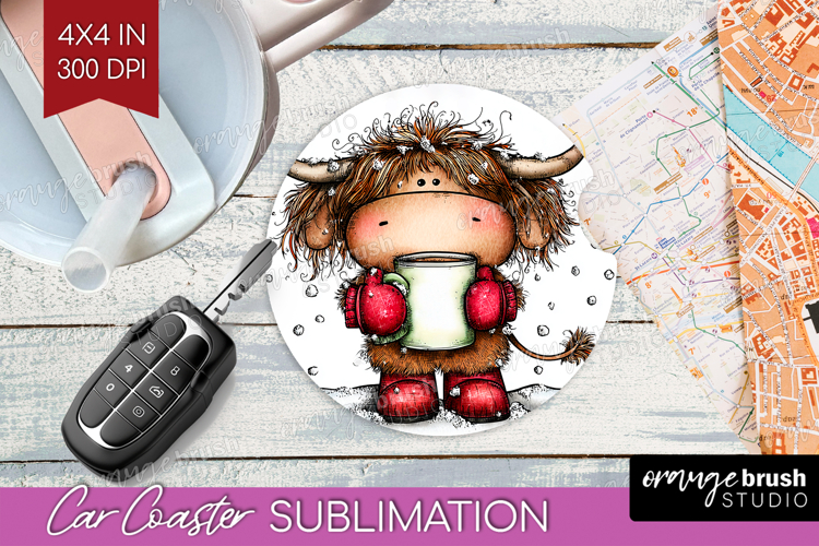 Highland Cow Car Coaster - Whimsical Christmas Coaster PNG