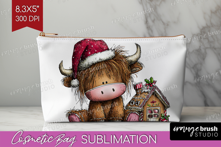 Highland Cow Cosmetic Bag - Whimsical Christmas Makeup Bag