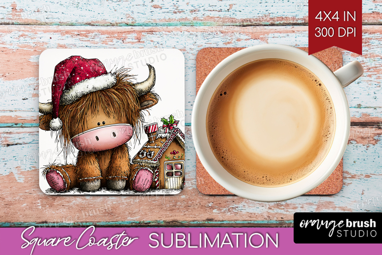 Highland Cow Square Coaster - Whimsical Christmas Coaster