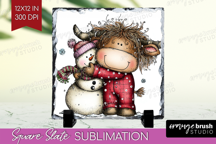 Highland Cow Slate PNG - Whimsical Christmas Square Slate