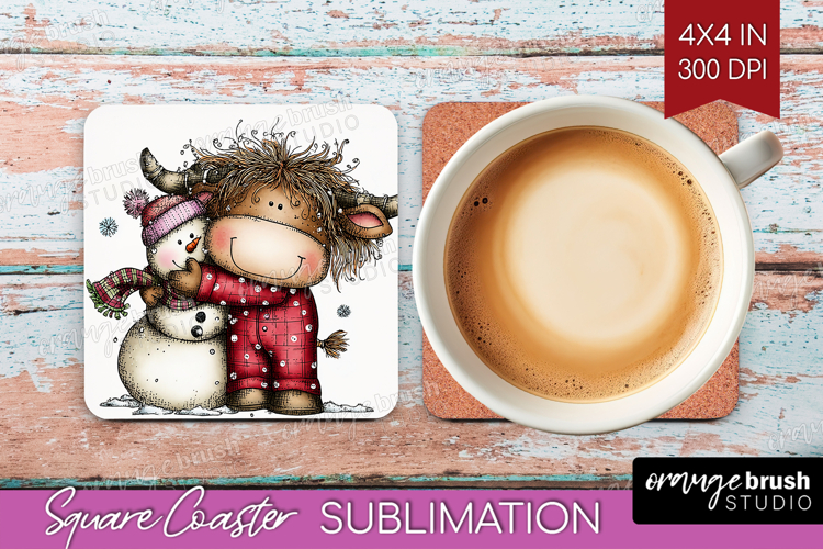 Highland Cow Square Coaster - Whimsical Christmas Coaster