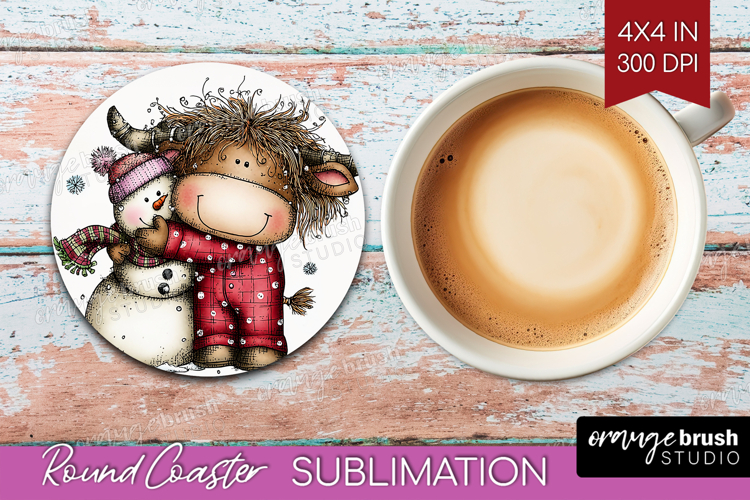 Highland Cow Round Coaster - Whimsical Christmas Coaster PNG