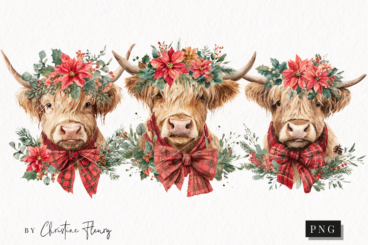 Christmas Highland Cow Clipart | Christmas PNG
