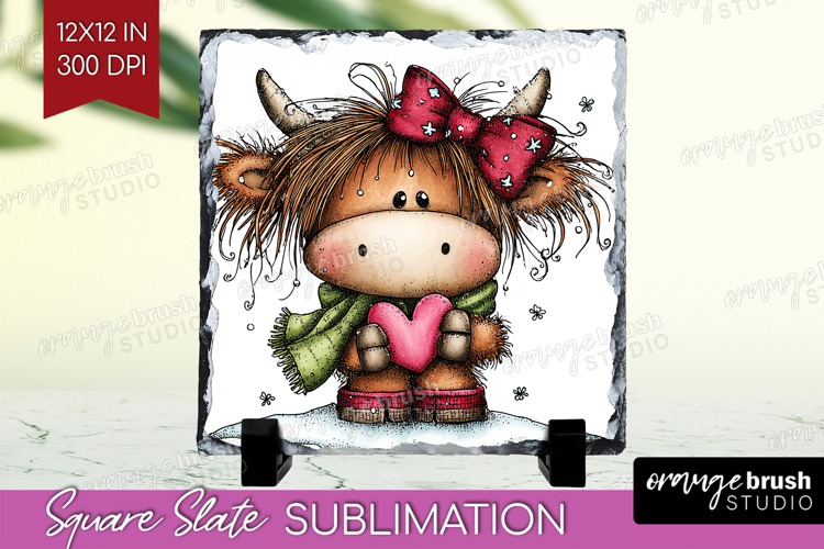 Highland Cow Slate PNG - Whimsical Christmas Square Slate