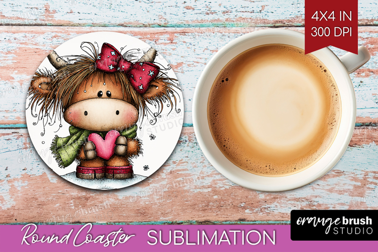 Highland Cow Round Coaster - Whimsical Christmas Coaster PNG