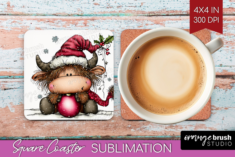 Highland Cow Square Coaster - Whimsical Christmas Coaster