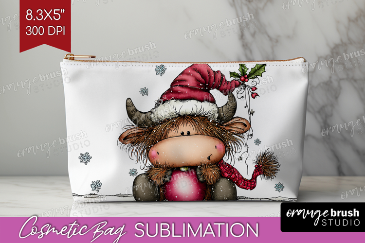 Highland Cow Cosmetic Bag - Whimsical Christmas Makeup Bag