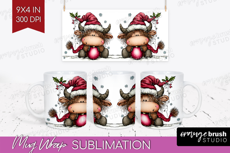Highland Cow Mug Wrap - Whimsical Christmas Mug PNG
