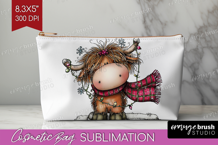 Highland Cow Cosmetic Bag - Whimsical Christmas Makeup Bag