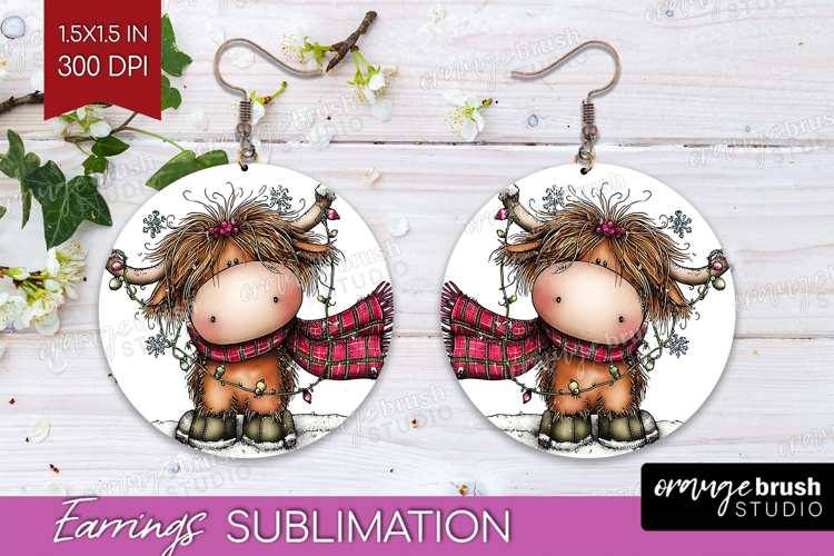 Highland Cow Round Earrings - Whimsical Christmas PNG