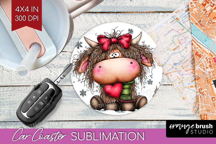 Highland Cow Car Coaster - Whimsical Christmas Coaster PNG