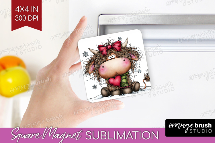 Highland Cow Magnet Sublimation - Whimsical Christmas Square