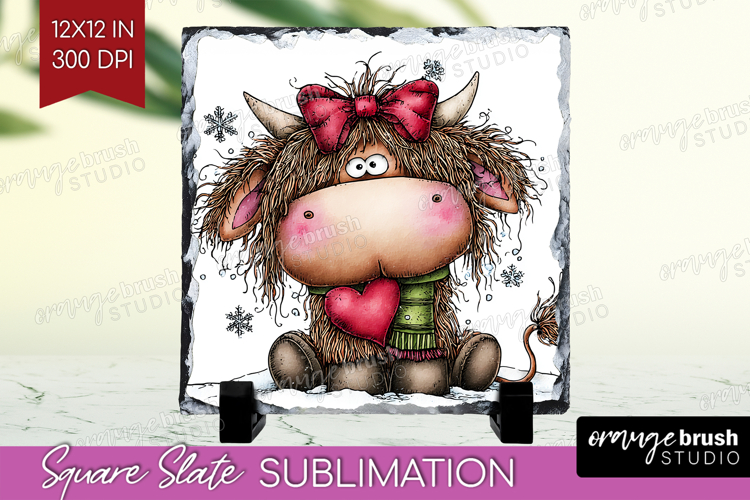 Highland Cow Slate PNG - Whimsical Christmas Square Slate