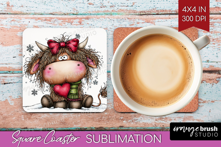 Highland Cow Square Coaster - Whimsical Christmas Coaster