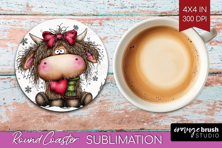 Highland Cow Round Coaster - Whimsical Christmas Coaster PNG