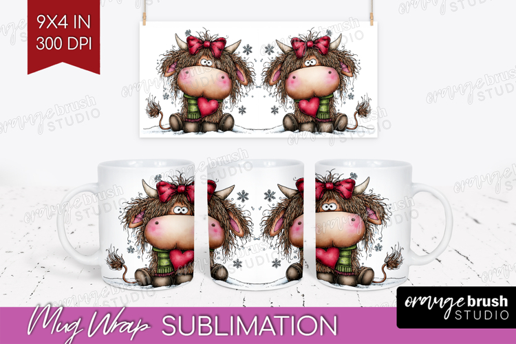 Highland Cow Mug Wrap - Whimsical Christmas Mug PNG