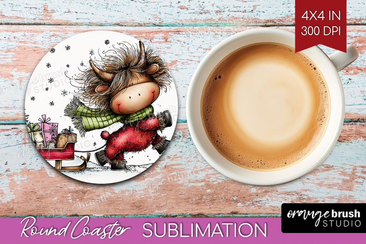 Highland Cow Round Coaster - Whimsical Christmas Coaster PNG