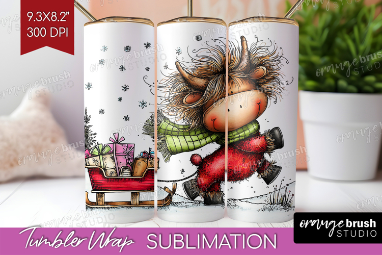 Highland Cow Tumbler Wrap - Whimsical Christmas Tumbler PNG