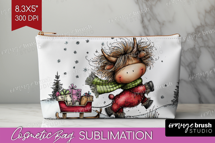 Highland Cow Cosmetic Bag - Whimsical Christmas Makeup Bag