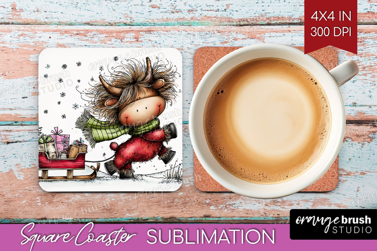 Highland Cow Square Coaster - Whimsical Christmas Coaster