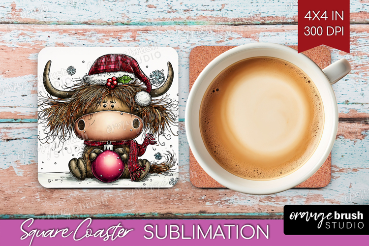 Highland Cow Square Coaster - Whimsical Christmas Coaster