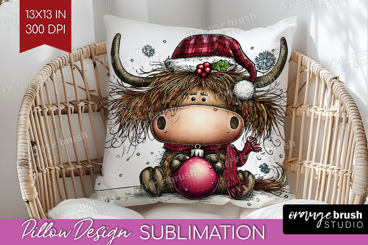 Highland Cow Pillow Sublimation - Whimsical Christmas Pillow