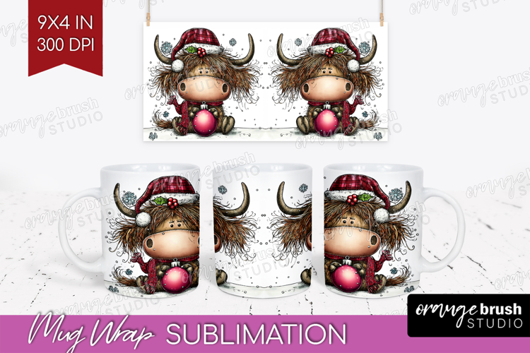 Highland Cow Mug Wrap - Whimsical Christmas Mug PNG