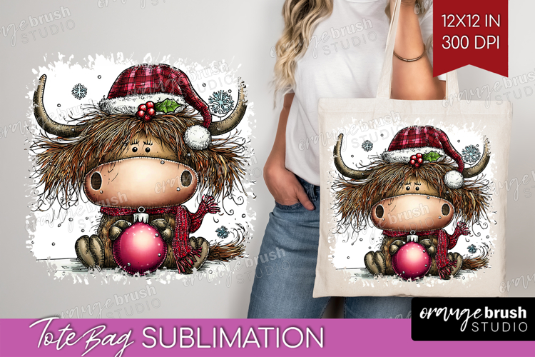 Highland Cow Tote Bag - Whimsical Christmas Tote Bag PNG