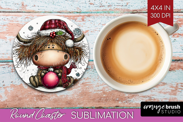 Highland Cow Round Coaster - Whimsical Christmas Coaster PNG