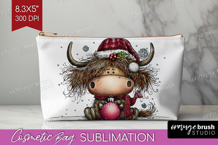 Highland Cow Cosmetic Bag - Whimsical Christmas Makeup Bag example image 1
