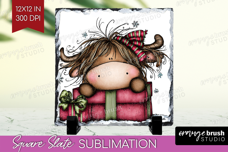 Highland Cow Slate PNG - Whimsical Christmas Square Slate