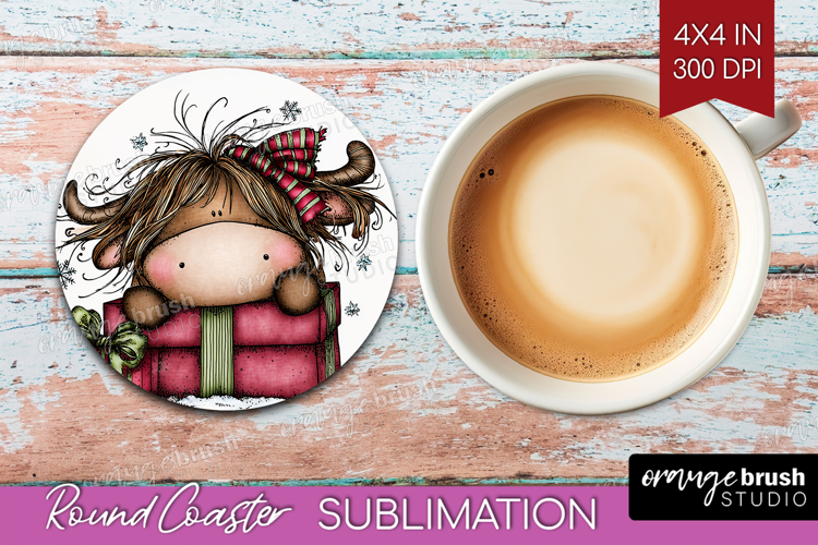 Highland Cow Round Coaster - Whimsical Christmas Coaster PNG