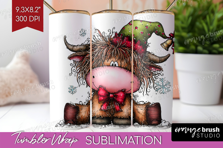 Highland Cow Tumbler Wrap - Whimsical Christmas Tumbler PNG