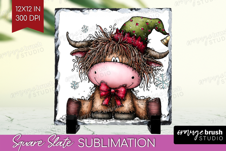 Highland Cow Slate PNG - Whimsical Christmas Square Slate
