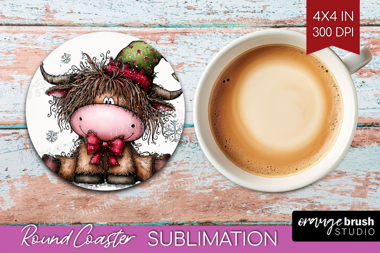 Highland Cow Round Coaster - Whimsical Christmas Coaster PNG
