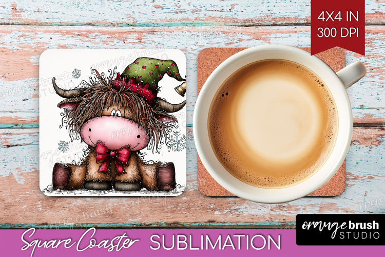 Highland Cow Square Coaster - Whimsical Christmas Coaster