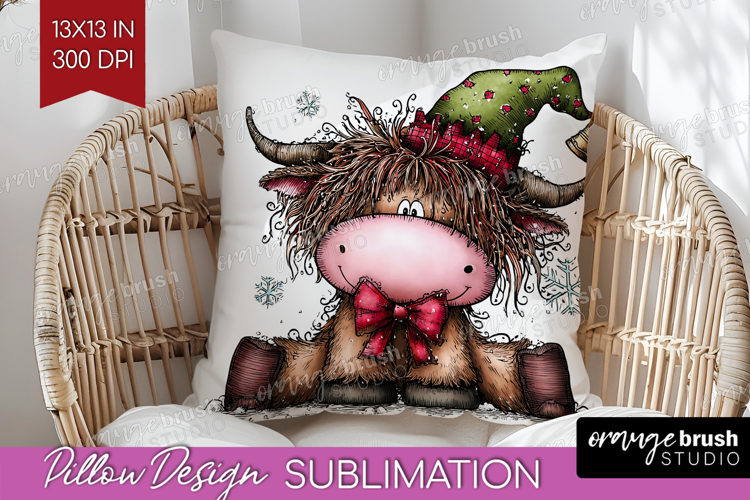 Highland Cow Pillow Sublimation - Whimsical Christmas Pillow