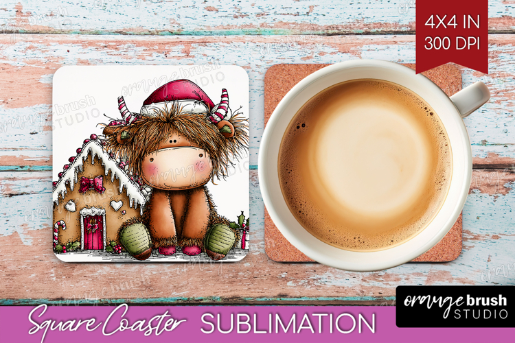 Highland Cow Square Coaster - Whimsical Christmas Coaster